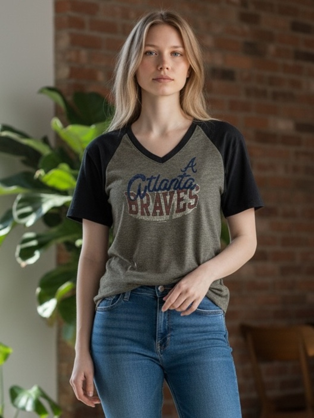 Atlanta Braves Women’s XS Raglan Tee Gray Black MLB Baseball Shirt